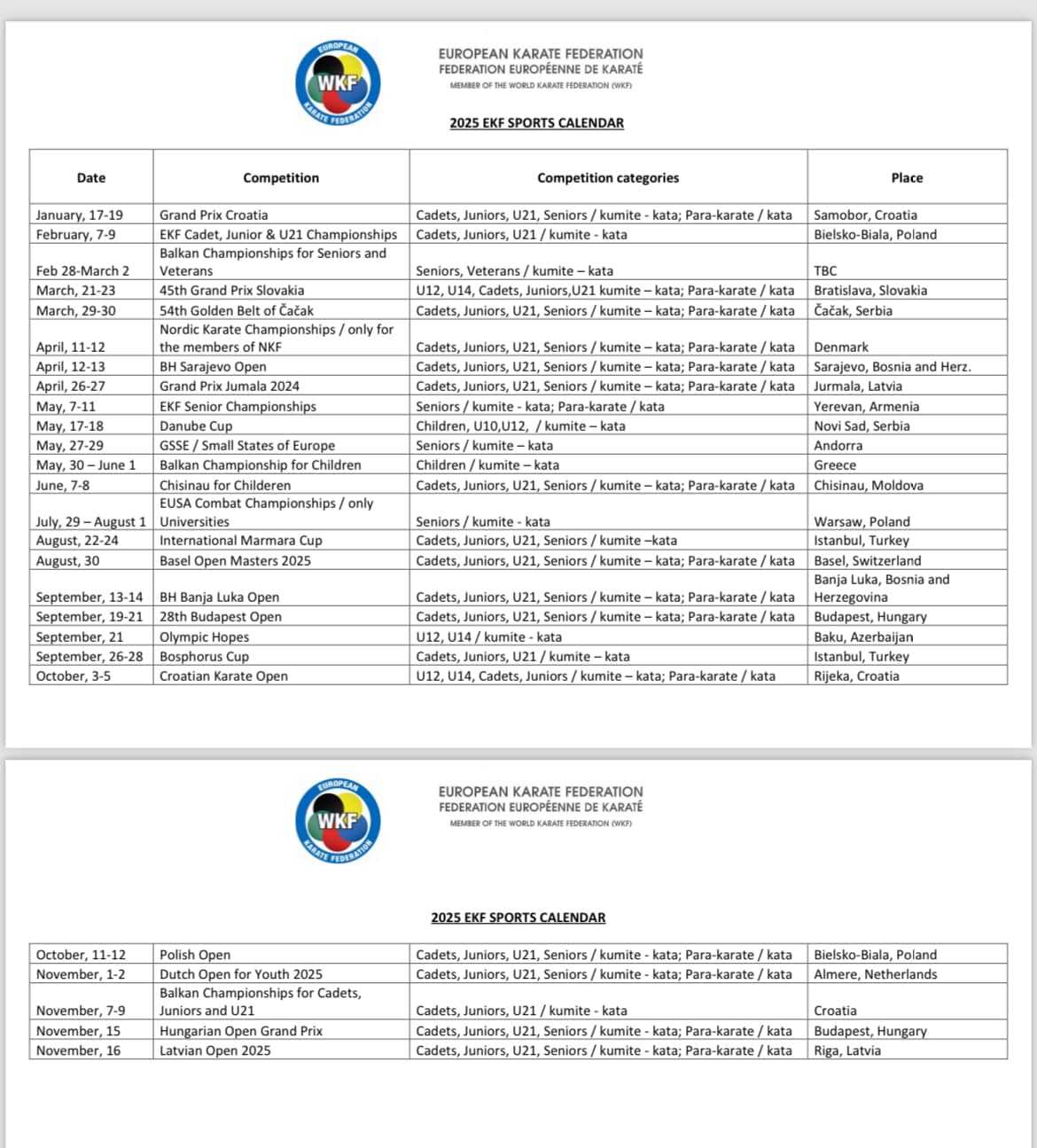 2025 EKF Sports Calendar: A Year of Exciting Karate Competitions