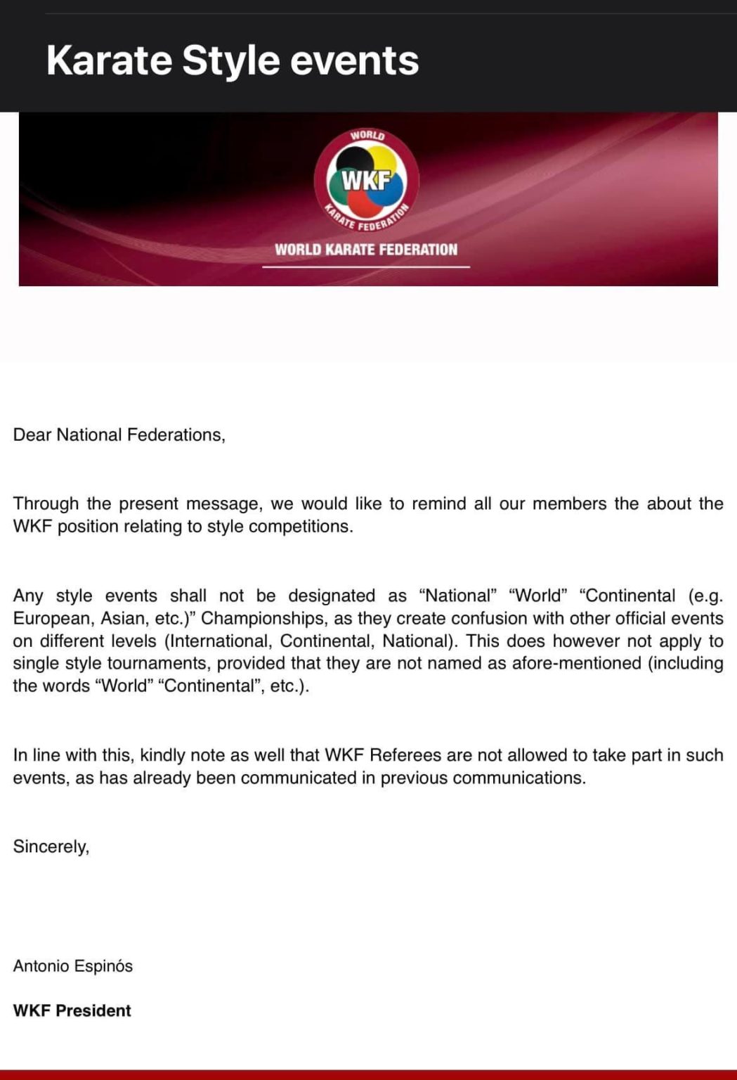 Letter from WKF about style championship